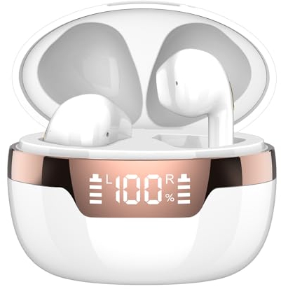 DUSONLAP Bluetooth Kopfhörer, Mini Kopfhörer Kabellos Bluetooth 5.3 mit HD Mikrofon, 47Std Premium-Tiefbass Wireless Kopfhörer mit Dual LED Anzeige, Leichtes Design, IP7 wasserdichte Ohrhörer Weiß