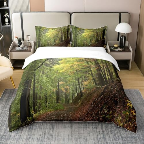 Loussiesd Wald Bettwäsche Set 155x220cm 100% Baumwolle Herbst Wald Baum Bettbezug Set Bäume Nebelig Drucken Bettwäsche mit 1 Kissenbezügen Weiche Reißverschluss Waldszene Betten Set Leichtgewicht