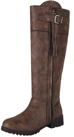 rismart Stivali Al Ginocchio Donna Punta Rotonda Tacco Grosso Zip laterale Stivali Lunghi Scarpe Autunno Inverno Marrone PU,39