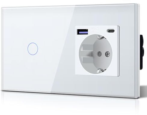 BSEED Interrupteur tactile 1 compartiment 1 voie avec chargeur rapide USB C 20 W - Prise murale Schuko avec sécurité enfant - Blanc