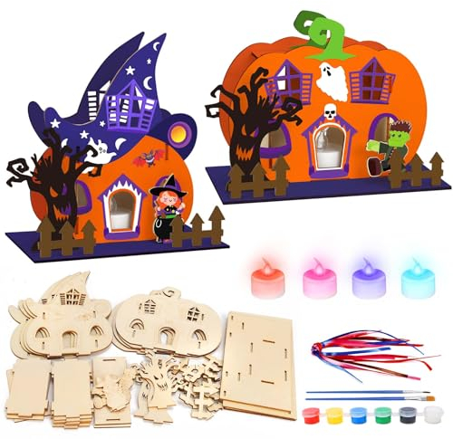 APODESS 4SET Halloween Kürbis Led Haus Bastelset Herbst Kinder Geisterhaus Herbstdeko Kürbis Beleuchtung Kürbishaus Bastelset Kürbis Hexenhaus zum Bemalen Herbstdeko Tischdeko für innen tisch