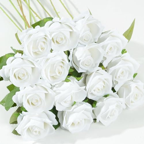 FODYNE Artificial Silk Rose Flowers, 30 Pcs Fake Roses with Long Stems Artificial Flowers for DIY Wedding Bouquet Table Centerpiece Home Party Decor (30, White)