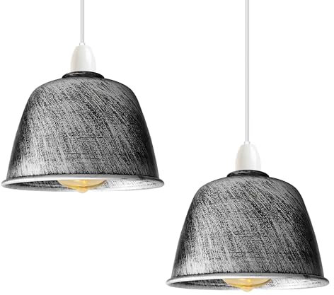 2Pcs 18cm Brushed Silver Metal Dome Easy Fit 4cm Top Hole Lampshade Retro Style Pendant Light Shade for Kitchen Bedroom, Living Room Industrial Retro Designed Ceiling Light Fitting