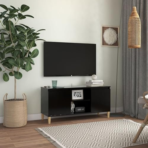 ShGaxin Meuble TV moderne avec pieds en bois massif noir 103,5 x 35 x 50 cm