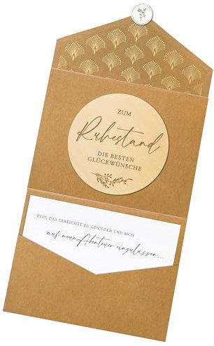 Joli Coon Ruhestand Karte mit Holzscheibe im Klappkuvert und Siegelaufkleber - Zum Ruhestand Holzkarte - Karte Rente Holz