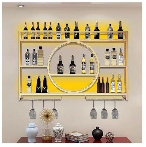 Weinregal for Die Wandmontage, Flaschenregal Wand Mit LED-Licht, Wandhalterung Zum Aufhängen, Weinhalter Metall Hängend, Flaschenhalter, Bar Regal Wand for Heimbar, Küche, Weinkeller, Restaurants(Gold