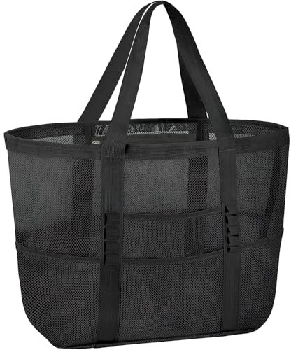 FairyPeach Bolsa Playa Rejilla, Bolsa PlayaMujer, Bolsa-GimnasioMujer, Bolsa Compra Plegable, BolsoTote Bag Mujer, Bolso Transparente-Mujer, Bolso-ShopperMujer (Negro)