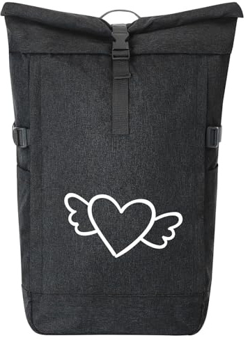 Huuraa Kurierrucksack Herz mit Flügeln 30-44 Liter Black Melange Fairtrade Rolltop Rucksack Geschenkidee