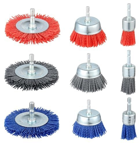 Yetaha 9Pcs Nylon Filament Abrasive Wire Brush Wheel & Cup Brush Set | 3 Sizes Abrasive Brush with 1/4in Hex Shank，Nylon Wire Wheel & Cup Brush Set for Removal of Rust Paint