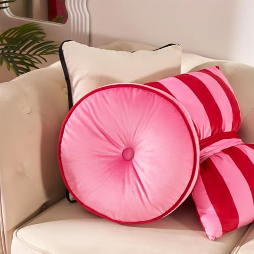 OHS Back Support Pillow Velvet Round Shaped Throw Pillow Soft Pleated Floor Pillow Round Scatter Cushion Decorative Seating Cushion for Sofa Chair Bedroom, Pink/Red - 40cm