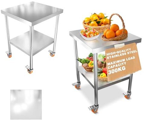ACXIN Edelstahl Arbeitstisch S 2-stöckig mit Rollen, Belastbar bis 300 kg, Zubereitungstisch, Küchentisch, Hygienisch & Robust, Mobil für Gastronomie, Catering, Werkstatt, Outdoor (61 x 46 x 85 cm)