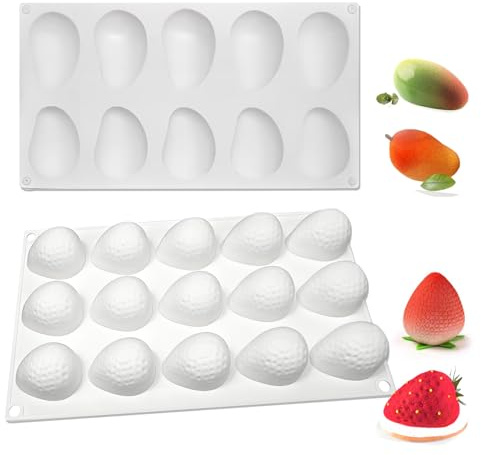 NCOALE 10 Löcher Mango Silikonform und 15 Löcher Erdbeer Silikonform, 3D-Silikonformen Gießformen Herbstform Obst für die Backform Gelee Pudding