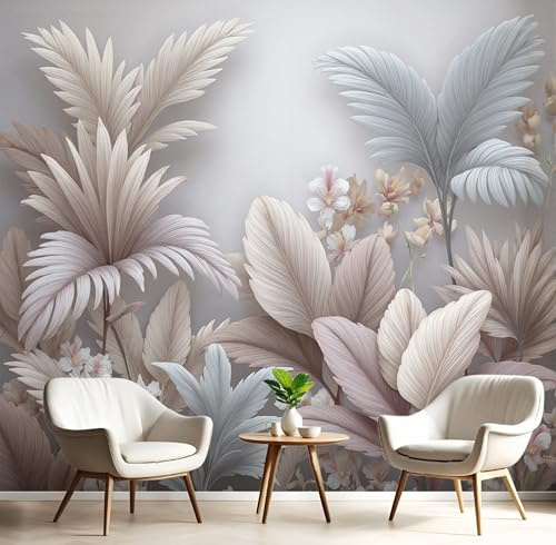 GSAEIMCT Papier Peint Soie Panoramique 3D Taupe Feuilles Luxuriantes Poster Geant Mural Plantes À L'Aquarelle Pour Salon Chambre Chambre Bureau Couloir Peinture Restaurant Décoration Murale 350X260Cm