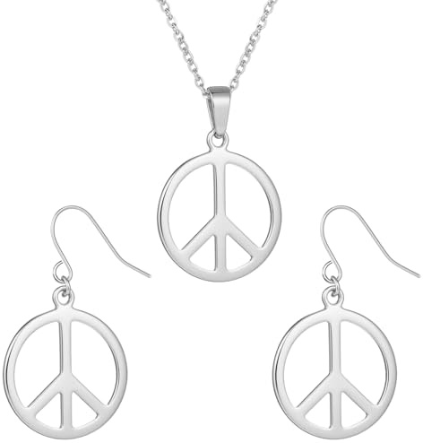 CHONGQILAO Gold Peace Kette und Ohrringe, Hippie Schmuck Set mit Peace Halskette Frieden Ohrringes, Halskette Frieden Hippie Ohrringes für Damen Herren, Kette Ohrringe Peaces für Mottoparty