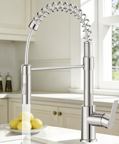 Rubinetto Lavello Cucina, Lagontap Elegante Miscelatore Cucina con Doccetta Estraibile e 2 Tipi di Getto, Arco Alto Rubinetto Cucina con Molla a Spirale e Girevole 360°, Monocomando in Acciaio Inox