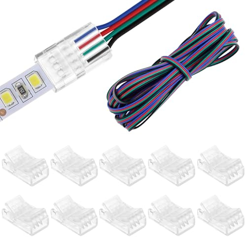 QWORK® 10PCS RGB LED Light Connector 8mm with 5m 4 Pin Extension Cable (22 AWG), Gapless Connectors Kit for Quick 8mm LED Strip to Wire Connections