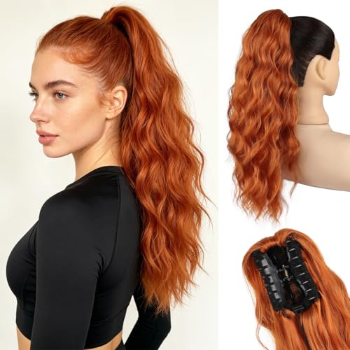 JIAMEISI Ponytail Extension, 45 cm Pferdeschwanz Haarteil, Synthetischer, gewellter, lockiger Krallenclip Pferdeschwanz Haarverlängerung für Damen, Volumen & Länge verleihend (Ingwer Kupfer)