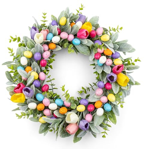 MagicWreath Easter Wreaths for Front Door 20 Inch Easter Wreath Artificial Colorful Egg Wreath with Tulip and Flocked Lambs Ear for Home Indoor Outdoor Hoilday Party Decorations