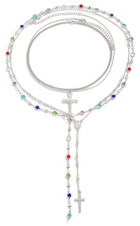 BelleFlair 4-teilige Halskette Damen Gold Silber, Layering Halsketten Set, Bohemian Y Kette mit bunten Perlen, Vintage Rosenkranz lange Kette und Kreuz Anhänger, verstellbarer Goldschmuck