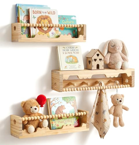 Wandregal Kinderzimmer 3er Set, Bücherregal Kinder Wand für Spielzeug Bilder und Bücher, 40cm Regal Schweberegal Holz Montessori Wandregale für Kinderzimmer Küche Spielzimmer Schlafzimmer Wohnzimmer