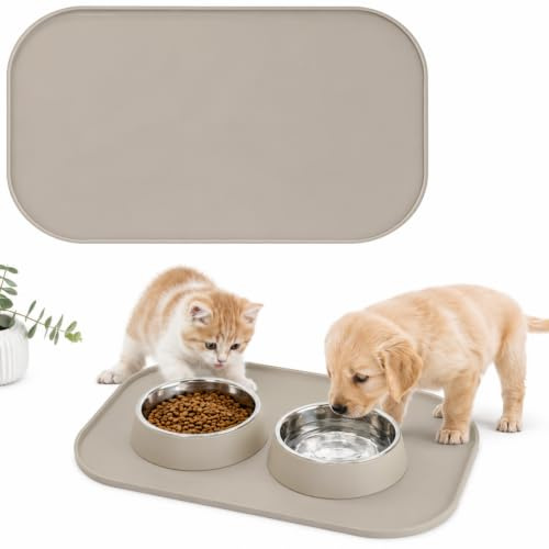 MUFANSU Napfunterlage Hund 2er Set BPA-Freie Silikonmatte Mit 1 cm Hohem Rand Hält 2 Näpfe rutschfeste wasserdichte Futtermatte 44 x 27 cm Hundenapf Unterlage für Hunde, Katzen und Welpen(Beige)