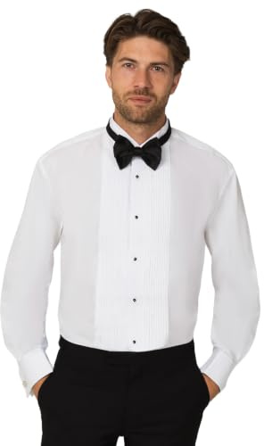 Dobell Mens White Dress Shirt Regular Fit 100% Cotton Wing Collar Pleated Stud Button Front Double Cuff