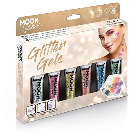 Gel Brillante Holográfico para la Cara y el Cuerpo por Moon Glitter - 12ml - Pintura Facial Brillante - Set de regalo con 6 geles: plata, rosa, dorado, oro rosa, azul y verde