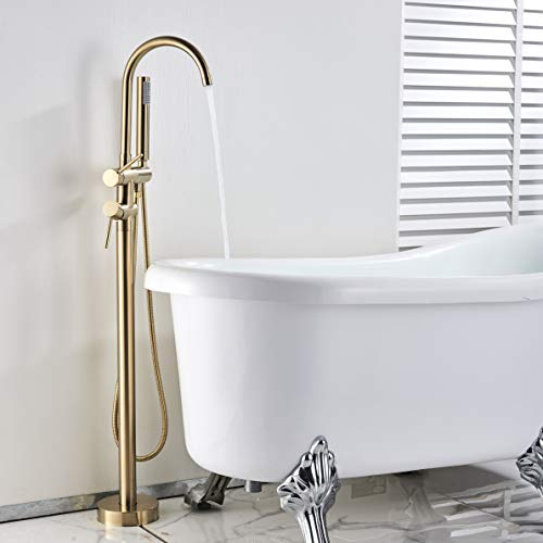 Rozin Freistehende Badewannenarmatur Gebürstetes Gold Wasserhahn Zweihebelmischer mit Handspritzgerät Badewanne Wasserhahn Freistehend Standarmatur Badewannenarmatur