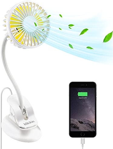 Mikikin Clip on Fan Small Mini Fan, Portable Usb Battery Operated Fan, Rechargeable Baby Stroller Fan, Quiet Personal Desk Fan 3 Speeds Flexible Neck Great for Bed Office Car Dorm Camping Beach, White