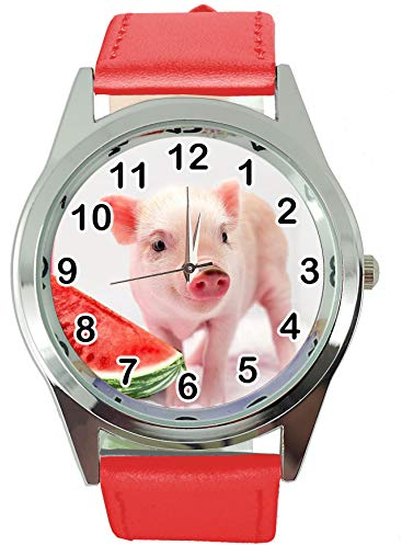 TAPORT® Armbanduhr Analog Quarz mit Echtlederband ROT rund für Ferkel Babe Fans