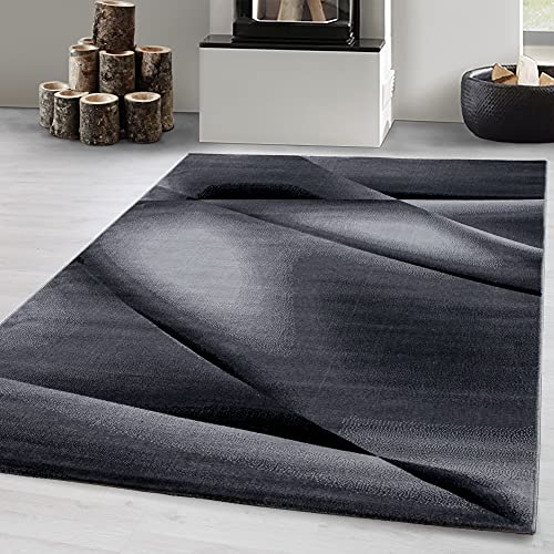 Carpetsale24 Kurzflor Teppich 160x230 cm, Modern Abstrakt Design in Schwarz Grau, Pflegeleicht, ideal für Wohnzimmer, Esszimmer oder Schlafzimmer
