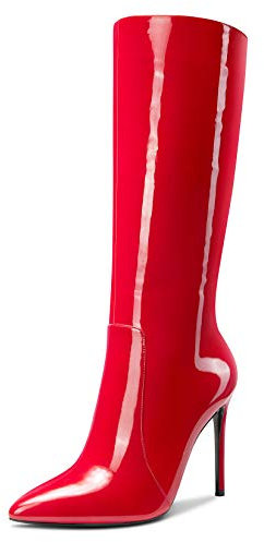 Castamere Moda Stivali Alti Ginocchio Cerniera Donna Tacco a Spillo 10CM Alto Tacco Rosso Pelle Verniciata Scarpe EU 38