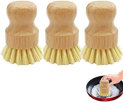 3 Pack Bamboo Dish Scrub Brushes,Kitchen Cleaning Scrubbers Mini Palm Scrub Brush Kit for Cast Iron Skillet,Pots,Pans,Vegetable,Kitchen Sink,Bathroom,Household Cleaning