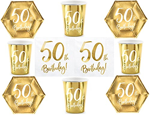 44 tlg. Set Geschirr 50. Geburtstag Partygeschirr 50 Jahre Teller Servietten Becher Gold Pappgeschirr Party 50 Geburtstag, für 12 Personen