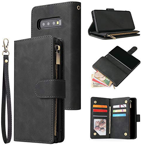 QLTYPRI Hülle für Samsung Galaxy S10, Premium Leder Handyhülle mit Große Kapazität 6 Kartenfach & 1 Reißverschluss Tasche Ständer Schutzhülle für Samsung Galaxy S10 - Schwarz