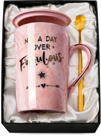 Funny Birthday Gifts for Women Ideas, Not a Day Over Fabulous Coffee Mug, Happy Birthday Gift for Her Bday, Mom, Sister, Friends Female, Wife, 14 Oz Pink Ceramic Cup Printed with Gold, with Gift Box