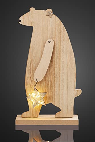 Hellum LED Holz-Bär mit Stern, mit 6h-Timer, 5 LED, warmweiß, batteriebetrieben (2x AA, nicht enthalten), innen IP20, Winterdecoration, Wohnzimmer, Dekoration, Weihnachtsdekoration, 524062