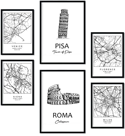 Nacnic Set von 6 Drucke von Italien. Poster von Karten und Denkmälern in Schwarz-Weiß für Ihr Zuhause, Geschäft, Büro. Inneneinrichtung im nordischen Stil. Formate A4 und A3. Ohne Rahmen.
