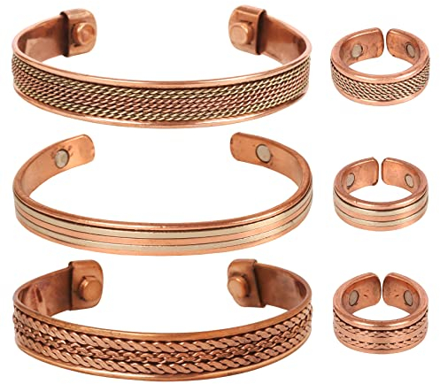 Touchstone Handgefertigtes Kupfer, magnetisch, handgeschmiedet mit massivem und hohem Spiraldraht, geflochten, minimalistische 3 Armbänder und passende Finger-Kombination in zwei Tönen für alle.,