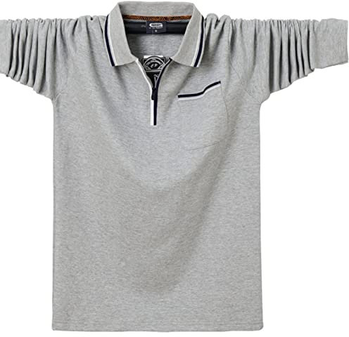 WINDEHAO Polo à manches longues pour hommes, grande taille 6XL, t-shirt d'affaires décontracté à fermeture éclair, pull en coton à revers, gris clair, 3XL