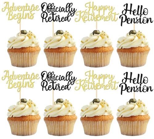 SYKYCTCY 36 Pack Happy Retirement Cupcake Toppers Glitter Officially Retired Hello Pension Adventure Begins Cupcake Picks Retirement Theme Birthday Party Cake Decorations Supplies Gold and Black