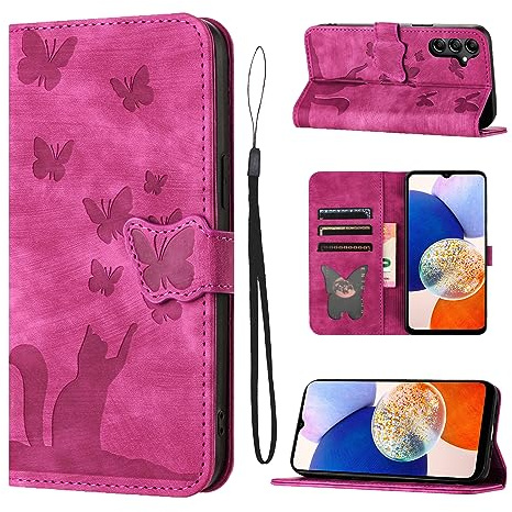 LSPCASA Housse Protection pour Samsung Galaxy A14 6.6 Pouces Matériau en Cuir PU Coque Samsung A14 avec Fentes pour Cartes Étui Motif Papillon Chat Rose