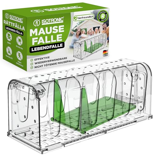ISOTRONIC Maus Mausefalle Lebend mit Köderbox | Einfach zu Bedienen, einfach zu Reinigen, wiederverwendbar | berührungsfreie Freigabe, hochsensibler Auslösemechanismus - tierfreundlich (1)