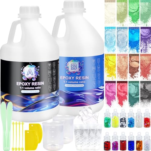 Ghguole Resine Epóxy,4.15 kg/1.1 Gallen Kit Resin Epóxy Transparente et Durcisseur avec Colorant,Paillette,1: 1 Ratio Revêtement pour Bois,DIY,Créations Artistiques,Fabrication Bijoux,Table,Décoration
