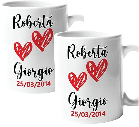 Colorfamily Coppia Tazze Personalizzati Set da 2 Tazze personalizzati con nome e data matrimonio fidanzamento - tazza in ceramica 11 oz