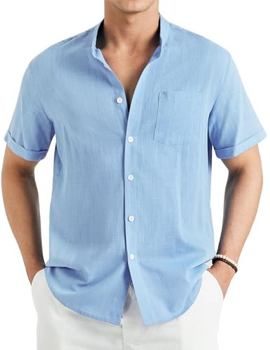 Enlision Mens Linen Shirt Short Sleeve Light Blue Banded Collar Summer Beach Shirt Tops Button-Down with Pocket XL