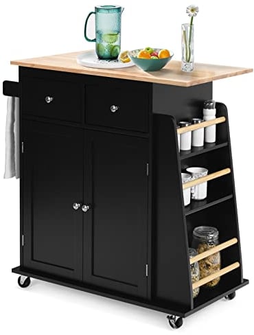 TANGZON Kitchen Island on Wheels, Rolling Kitchen Storage Trolley with Cabinet, Rubber Wood Worktop, Adjustable Shelf, 2 Drawers & 3-Tier Spice Rack, Dining Room Utility Serving Cart Sideboard (Black)