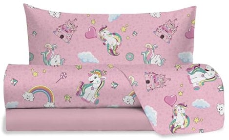 Hermet Jolly Bettwäsche-Set für Einzelbett, Einhorn, 100% Baumwolle, Bettlaken + Spannbettlaken + Kissenbezug, rosa Bettwäsche für Kinderzimmer