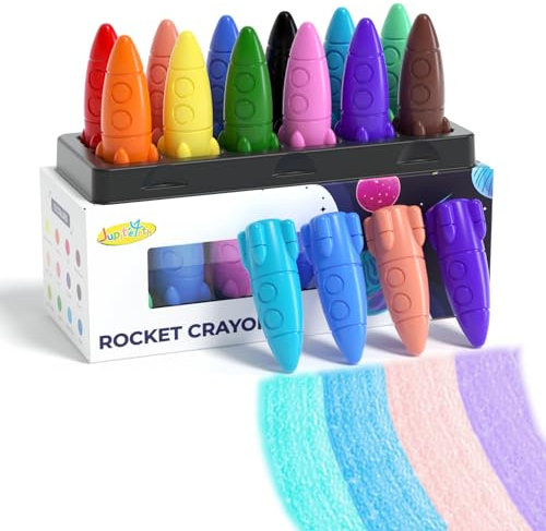 JUPITEARTH 12 Colors Crayons for Toddlers, Non-Toxic Washable Rocket Crayons, Easy-to-Hold Coloring Gifts & Art Supplies for Little Hands
