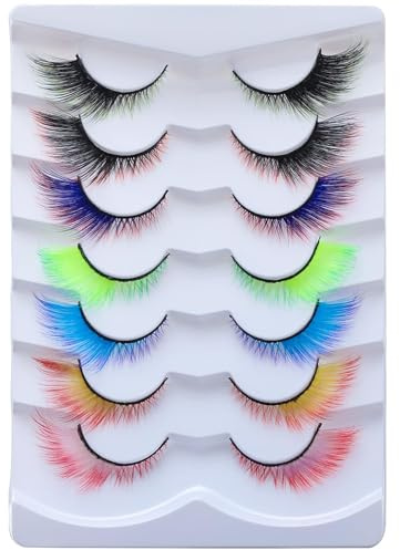 Lot de 7 paires de faux cils colorés avec couleur ange - Cils ailés moelleux et ondulés - Pour Halloween, cosplay, maquillage - Effet ailé - 7 paires